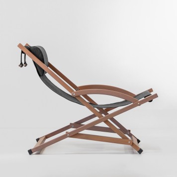 Chaise longue pliante en bois et tissu tendu anthracite