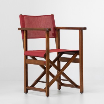 Chaise metteur-en-scène en bois sombre et tissu rouge